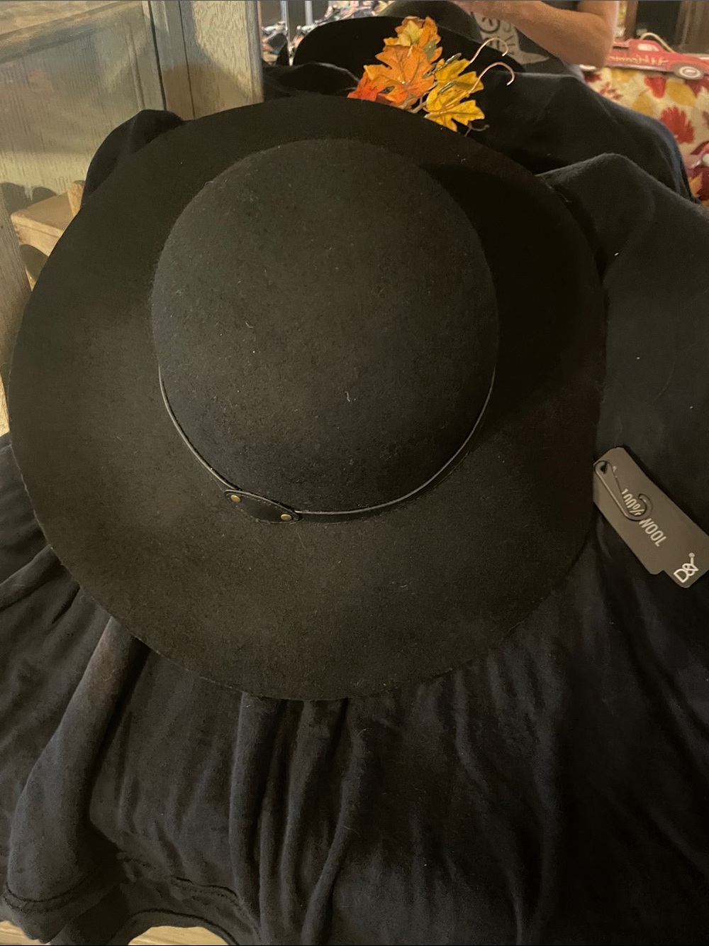 D&Y Black Wide Brim Felt Hat with Leaf Accent